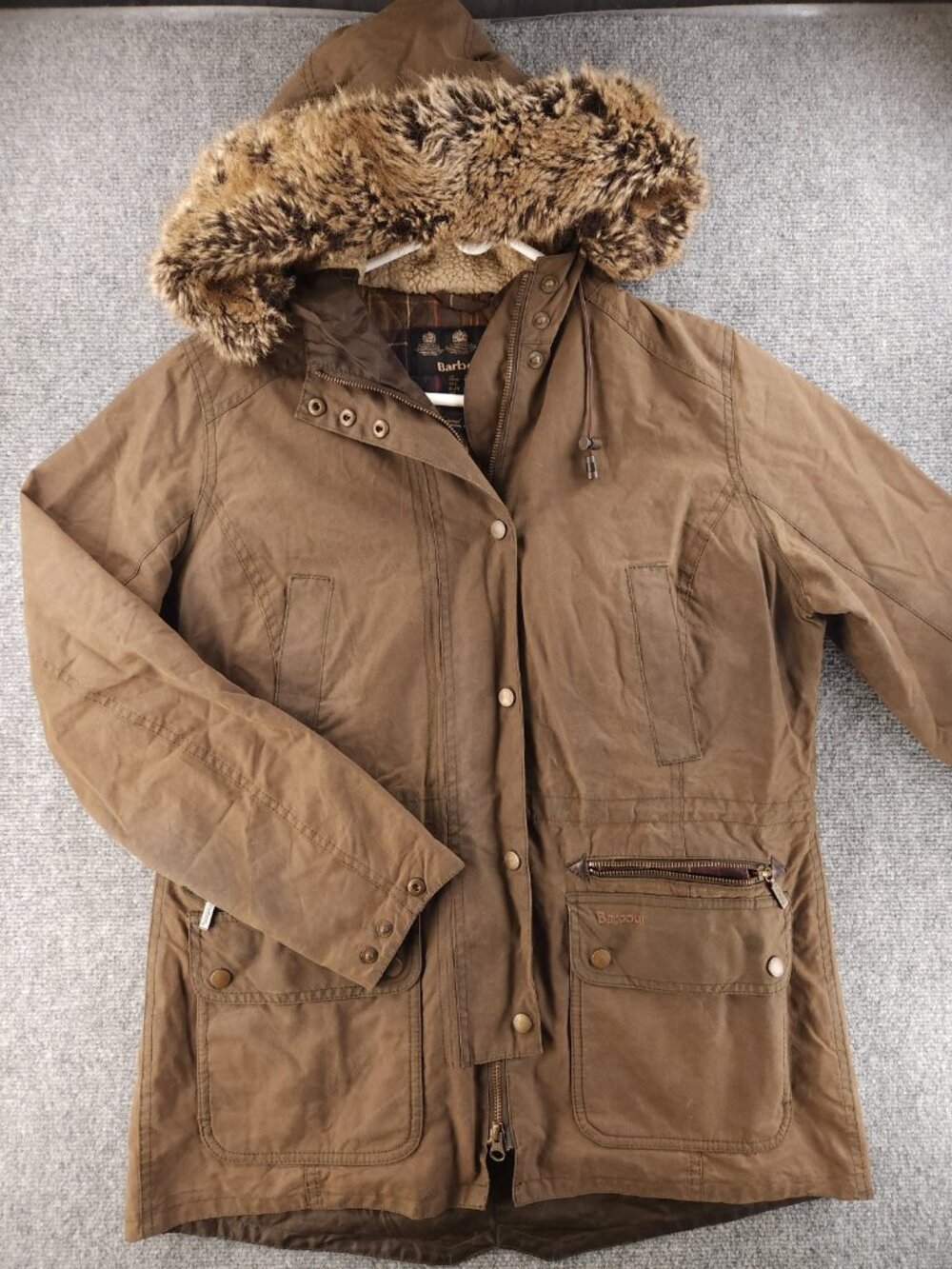 Barbour Kelsall Parka Green Wax Jacket Women Lined Hooded USA Size 10 Canvas
